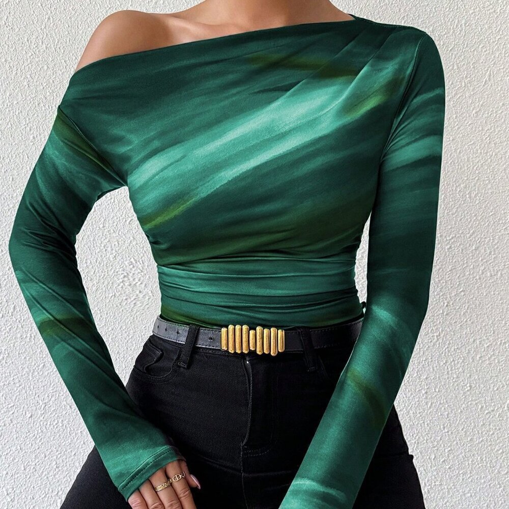 Green Casual Women's Marble Ombre Print Asymmetric neckline Top